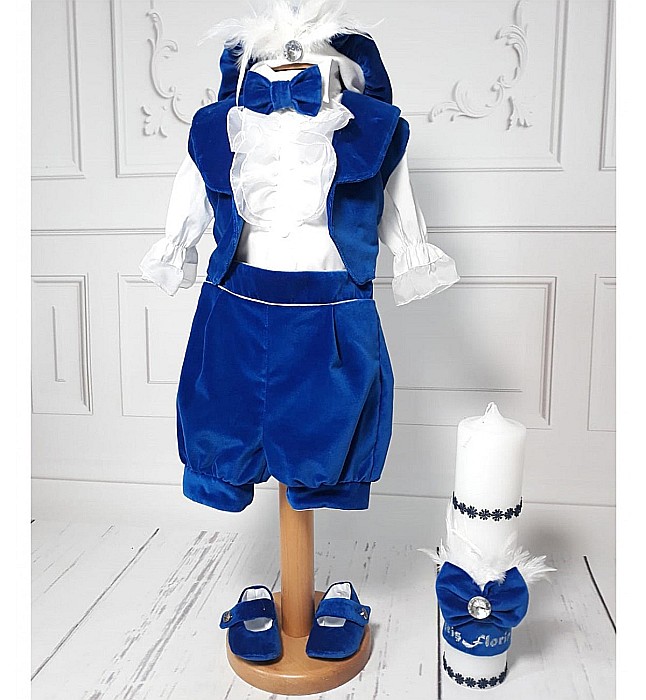 Trusou complet costum botez baiat albastru pentru vara Intense Blue, din catifea [3]