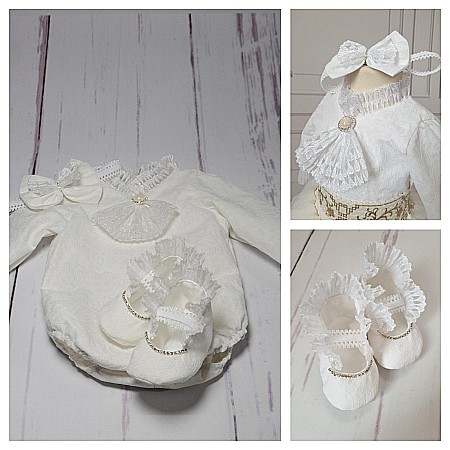 Rochite Botez - Body alb si accesorii de botez fete pentru vara Yasmine, 4 piese