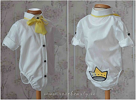 Costume Botez - Camasa body pentru costum botez baiat din bumbac, brodata cu o haioasa COROANA