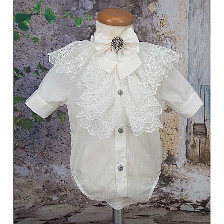 Costume Botez - Camasa costum botez baiat JAMES din bumbac tip body, cu dantela