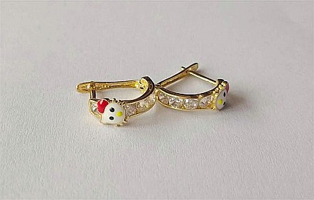 Cercei aur 14K copii si fetite semirotunzi Hello Kitty pietre albe 9mm [0]