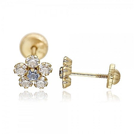 Cercei aur 14k cu protectie nou nascuti bebelusi Flori cu pietre alb albastru 5mm [1]