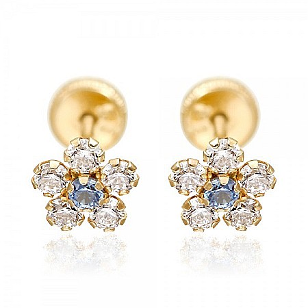 Cercei aur 14k cu protectie nou nascuti bebelusi Flori cu pietre alb albastru 5mm [0]