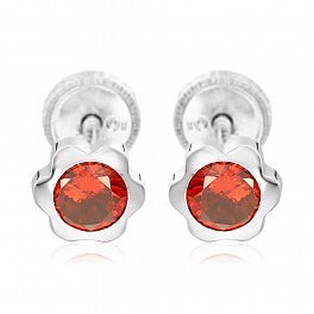 Cercei din aur alb - Cercei aur alb 14K bebelusi copii Floricele 4mm piatra rosie