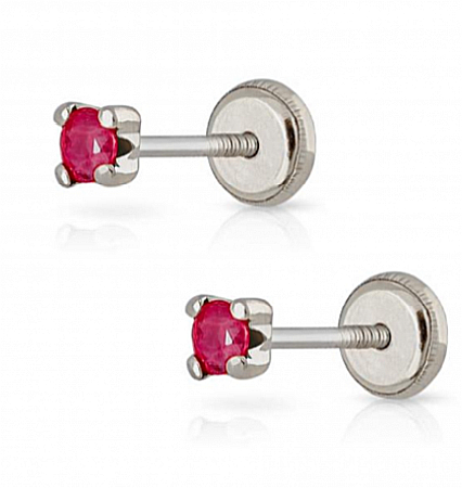 Cercei aur alb 14K mici copii bebelusi Piatra RUBIN 2mm [2]