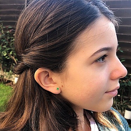 Cercei aur galben 14k bebelusi copii piatra patrata verde smarald 3,5 mm [2]