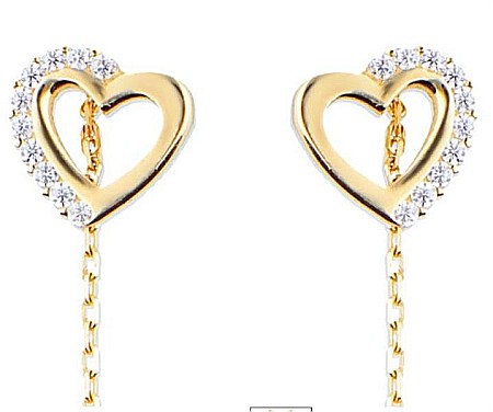 Cercei aur galben 14k dama lungi cu lantisor model Inimioare cu pietre [0]