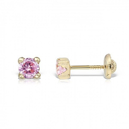 Cercei aur galben 14k fetite copii piatra patrata roz 3,5 mm [1]