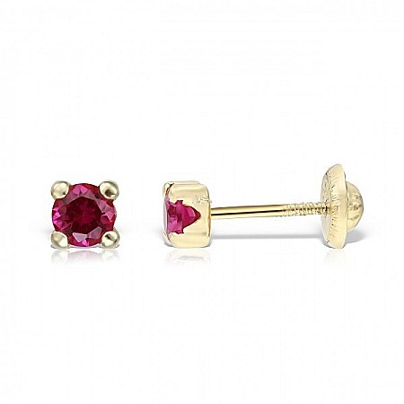 Cercei aur fete - Cercei aur galben 14k fetite copii piatra patrata roz rubin 3,5 mm