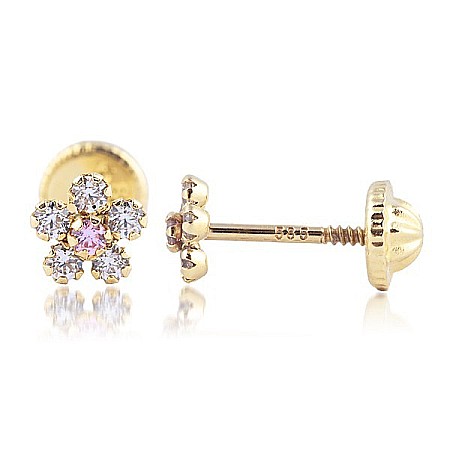 Cercei aur galben cu protectie nou nascuti bebelusi Flori cu pietre alb roz 5mm [1]