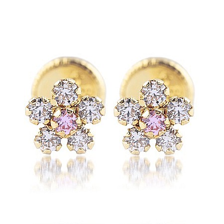 Cercei aur galben cu protectie nou nascuti bebelusi Flori cu pietre alb roz 5mm [0]