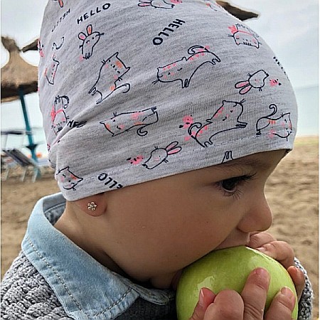 Cercei aur galben cu protectie nou nascuti bebelusi Flori cu pietre alb roz 5mm [2]