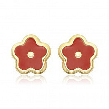 Cercei de aur 14K bebelusi copii cu surub Flori rosii email [1]