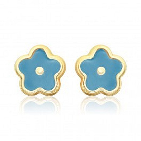 Cercei de aur 14K cu surub copii bebelusi Flori albastre email [1]