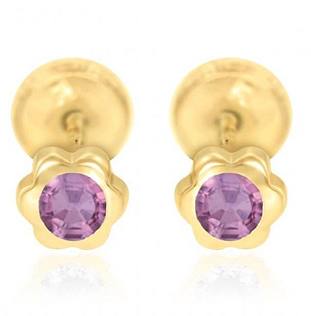 Cercei aur fete - Cercei de aur 14k nou nascuti bebelusi floricele 4mm cu piatra mov