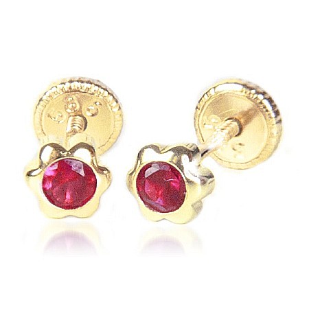 Cercei de aur 14k nou nascuti bebelusi floricele 4mm cu piatra rosie [2]