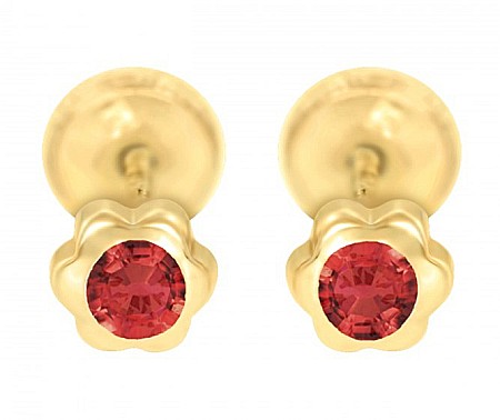Cercei aur fete - Cercei de aur 14k nou nascuti bebelusi floricele 4mm cu piatra rosie