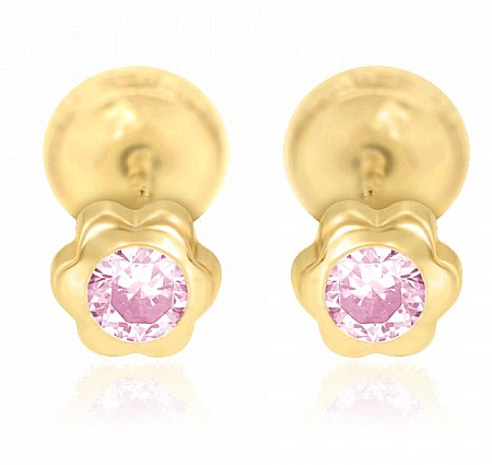 Cercei aur fete - Cercei de aur 14k nou nascuti bebelusi floricele 4mm cu piatra roz