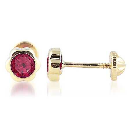 Cercei de aur 14k nou nascuti bebelusi floricele 5.5mm cu piatra rosie [1]