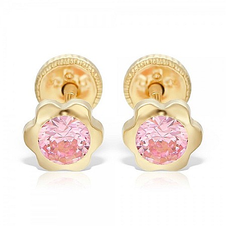 Cercei aur fete - Cercei de aur 14k nou nascuti bebelusi floricele 5 mm cu piatra roz