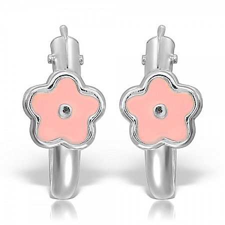 Cercei de aur alb 14K rotunzi bebelusi si copii tortite cu floricele roz [1]