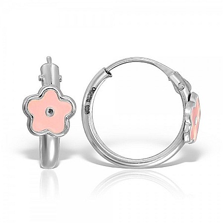 Cercei din aur - Cercei de aur alb 14K rotunzi bebelusi si copii tortite cu floricele roz
