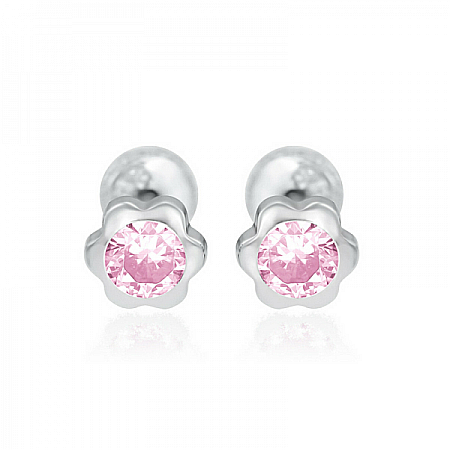 Cercei de aur alb copii bebelusi cu Floricele 4mm cu piatra roz [1]