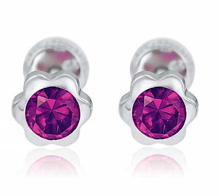 Cercei aur fete - Cercei de aur alb cu surub bebelusi copii Floricele 5.5mm cu piatra mov