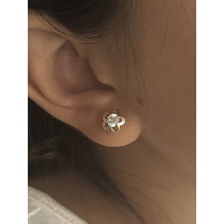 Cercei de aur galben 14k cu surub copii fetite Floare cu piatra alba 7mm [3]
