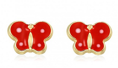 Cercei aur model Fluturasi si Buburuze - Cercei de aur galben 14k bebelusi nou nascuti mici Fluturasi rosu email