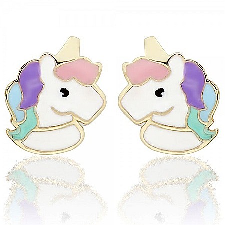 Cercei aur fete - Cercei de aur galben 9K copii bebelusi Unicorni multicolori