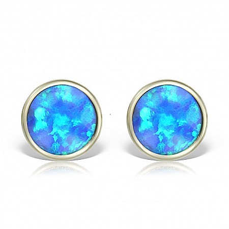 Cercei aur fete - Cercei de aur galben rotunzi cu opal albastru 5,5mm