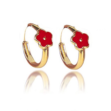 Cercei aur tortite copii - Cercei din aur 14K tortite rotunzi copii bebe Floricele rosii