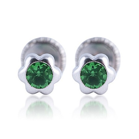 Cercei din aur alb - Cercei din aur alb 14k Floricele 5.5 mm cu piatra verde
