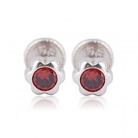 Cercei din aur alb Floricele 4 mm cu piatra rosie [2]