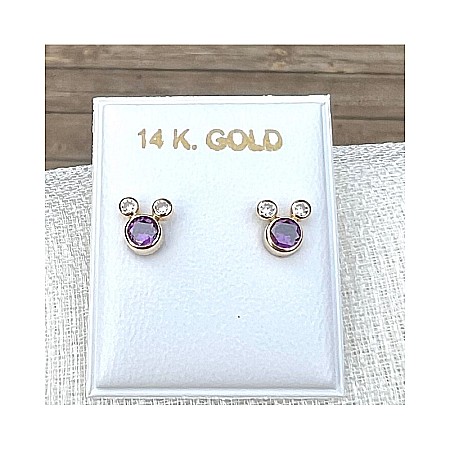 Cercei aur fete - Cercei din aur galben 14K copii fete Minnie Mouse mov