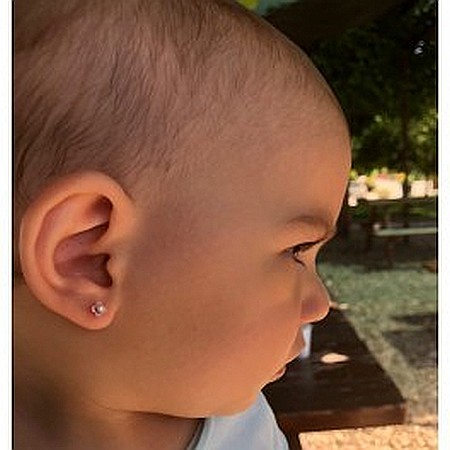 Cercei din aur galben mici cu surub bebelusi copii Flori roz cu perla [2]