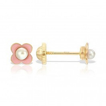 Cercei din aur galben mici cu surub bebelusi copii Flori roz cu perla [1]