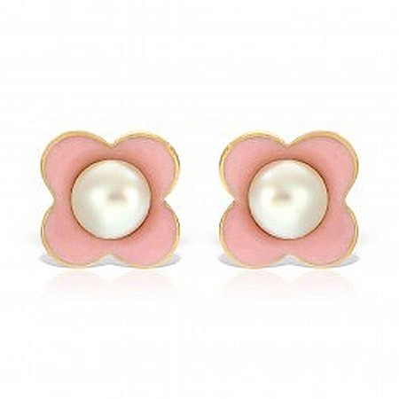 Cercei din aur galben mici cu surub bebelusi copii Flori roz cu perla [0]