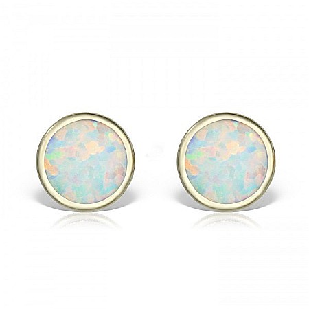 Cercei aur fete - Cercei din aur galben rotunzi cu opal alb 5.5mm