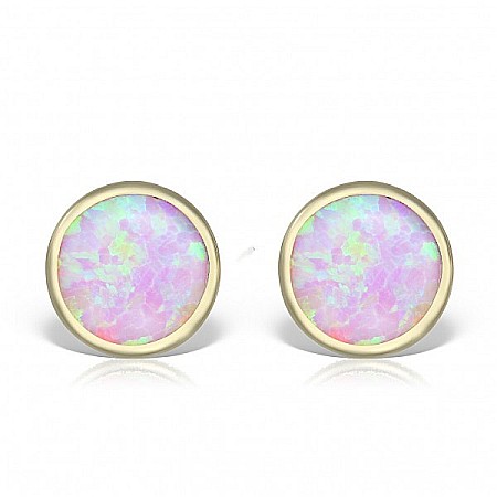 Cercei aur fete - Cercei din aur galben rotunzi cu opal roz 5.5mm