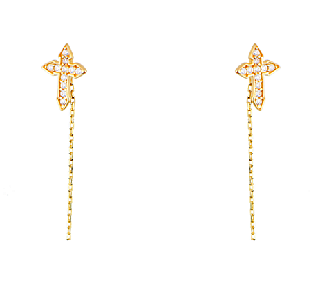 Cercei din aur lungi simpli cu lantisor pandant Cruce cu pietre [0]