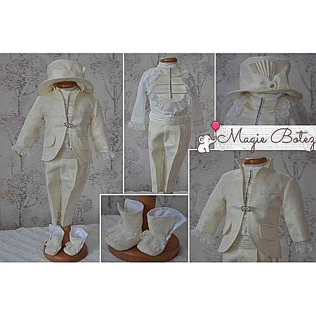 Costume Botez - Costum botez baiat alb-ivoire  set elegant AVORIO din brocart ivoire, 6 piese