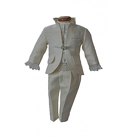 Costum botez baiat alb-ivoire  set elegant AVORIO din brocart ivoire, 6 piese [1]