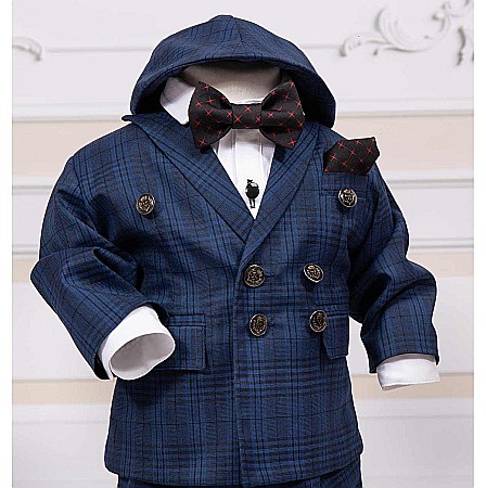 Costum botez baiat albastru AIDEN stofa in carouri, 7 piese [2]