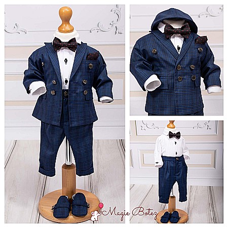 Costume Botez - Costum botez baiat albastru AIDEN stofa in carouri, 7 piese