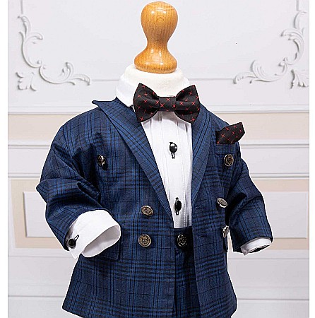 Costum botez baiat albastru AIDEN stofa in carouri, 7 piese [6]