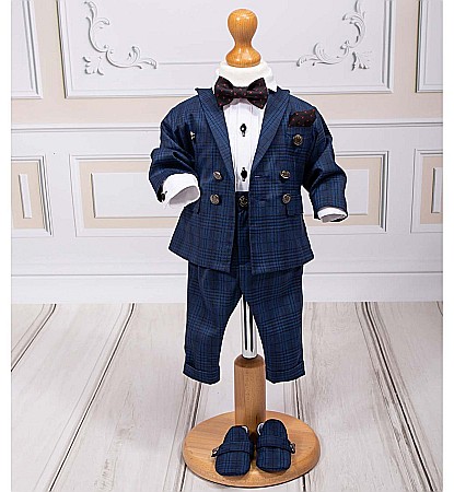 Costum botez baiat albastru AIDEN stofa in carouri, 7 piese [1]