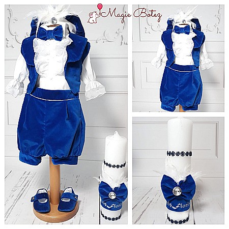 Costume Botez - Costum botez baiat albastru de vara si lumanare Intense Blue, din catifea