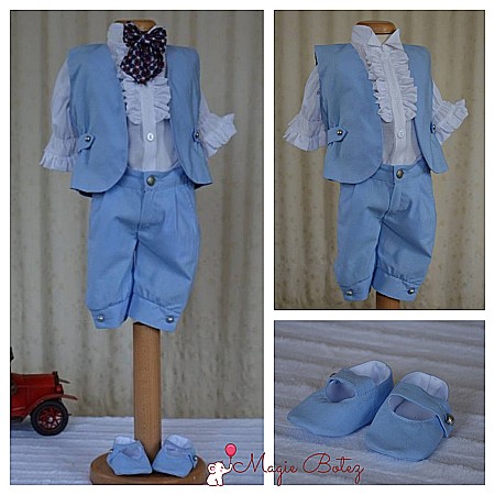 Costume Botez - Costum botez baiat bleu de vara, LUCE din in bleu si bumbac alb, 5 piese
